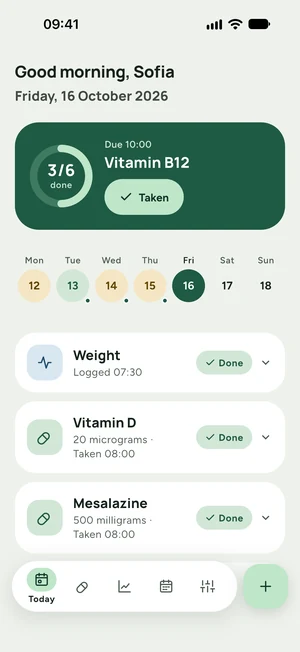 Fernly app screenshot of the Today screen: a greeting, the next dose with a Taken button, a strip of the week and the entries already done today.