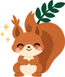 Nøtt, a smiling red squirrel with a fern leaf, Fernly's mascot